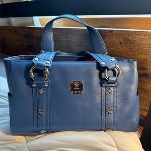 MCM Blue Satchel with Silver Hardware